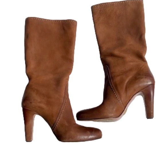 PRADA Leather Heel Mid Calf High Boots Brown Cognac Size 37.5 EU 7.5 US - Picture 3 of 11